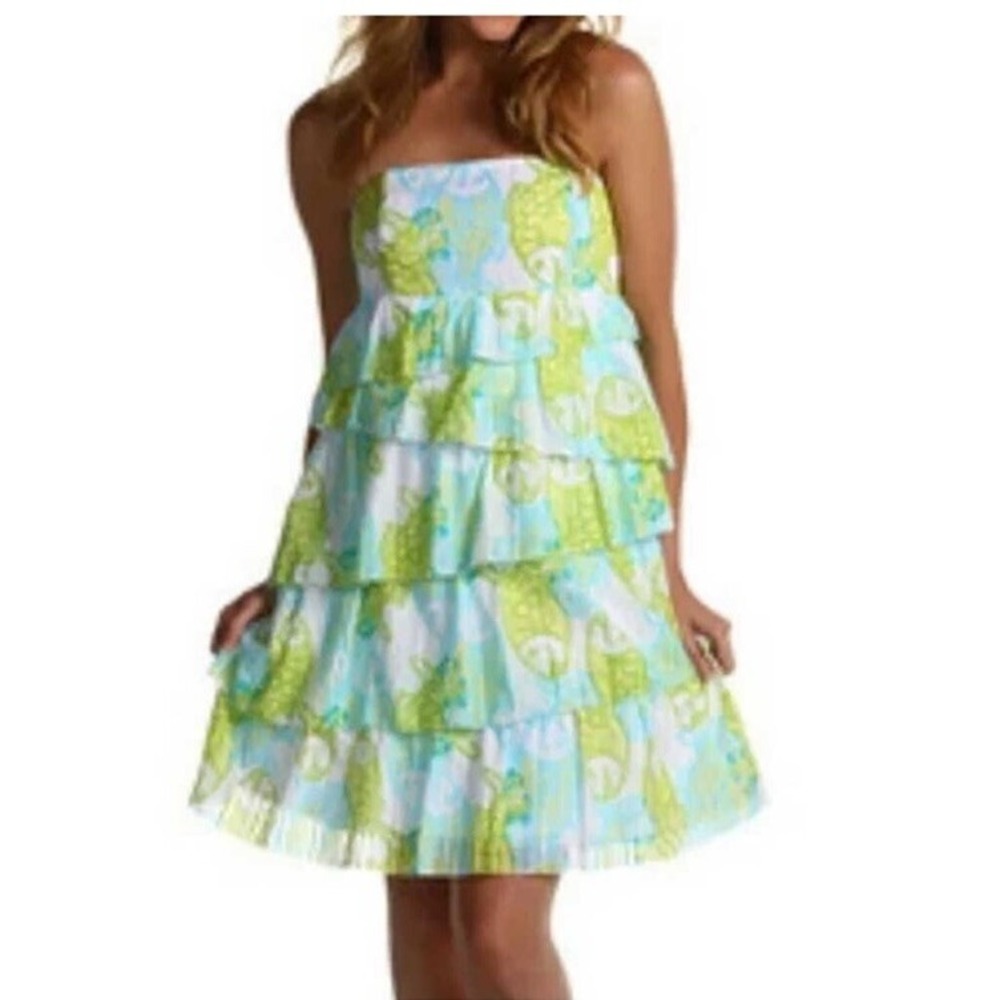 Lilly Pulitzer Strapless Tiered Ruffle Dress Metallic Stripe Fish Green Blue 10